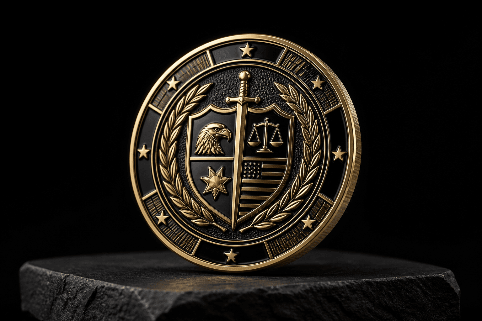 Premium black and gold challenge coin on a stone plinth