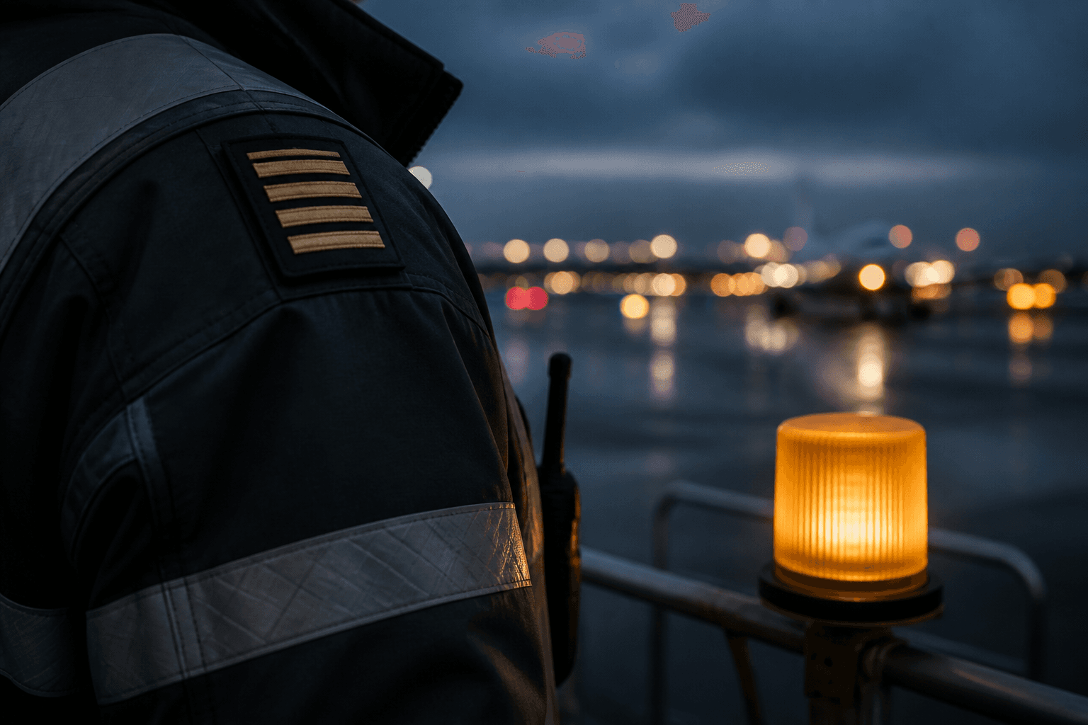 Airport operations professional beside runway lights