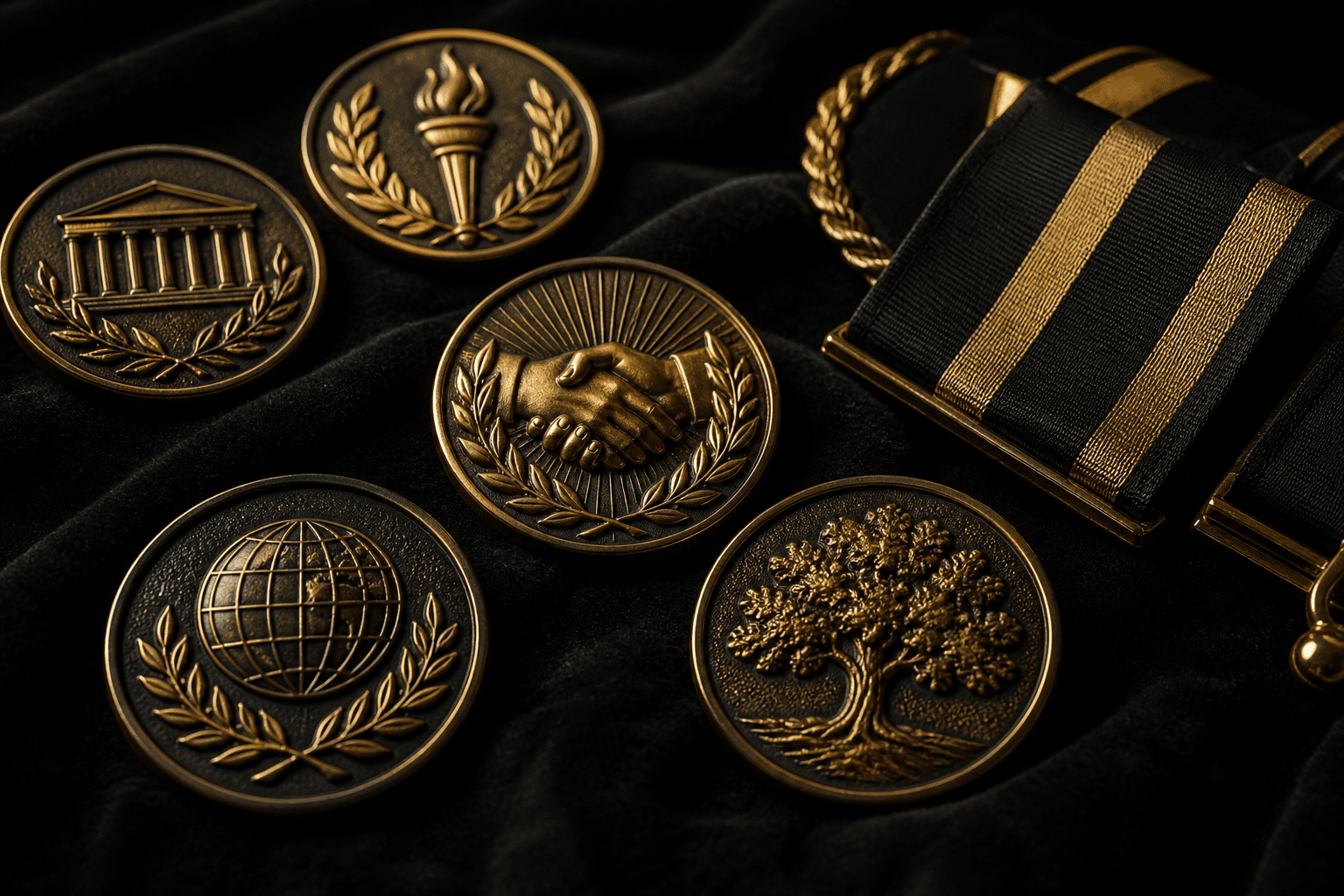 Commemorative association medallions on black velvet