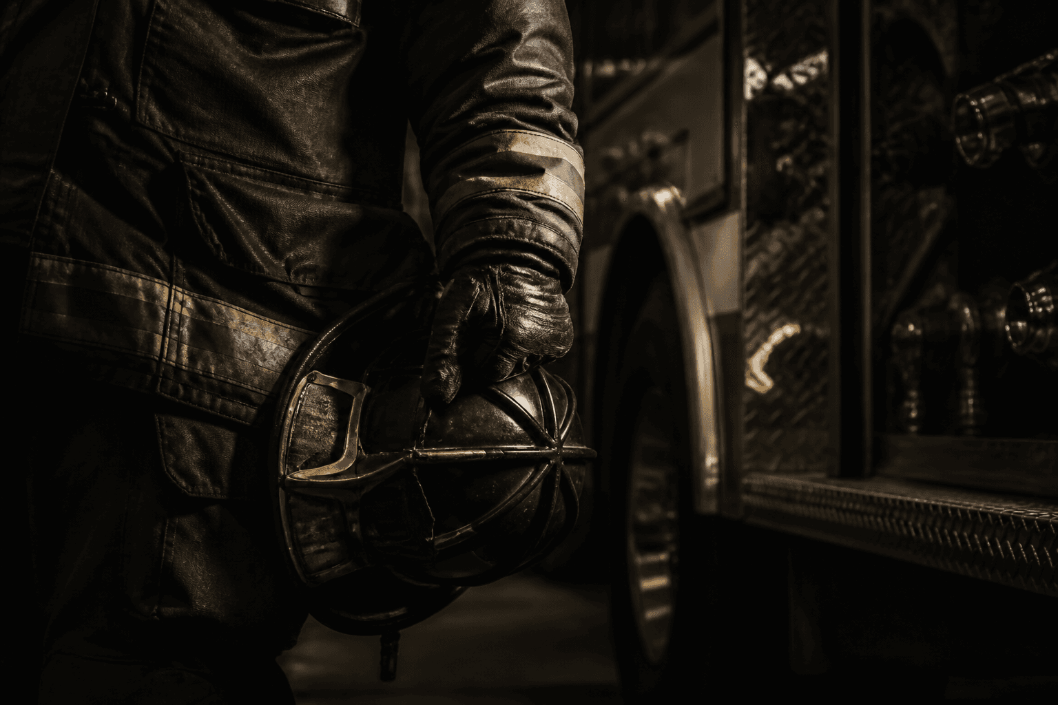 Firefighter holding a helmet beside an apparatus