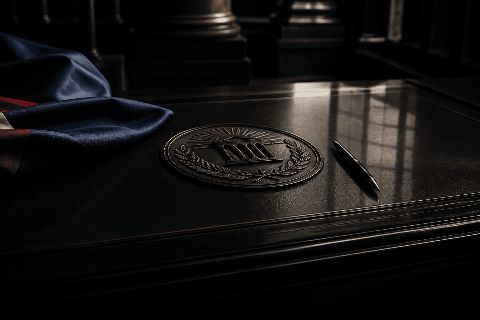 Ceremonial government desk with a civic medallion
