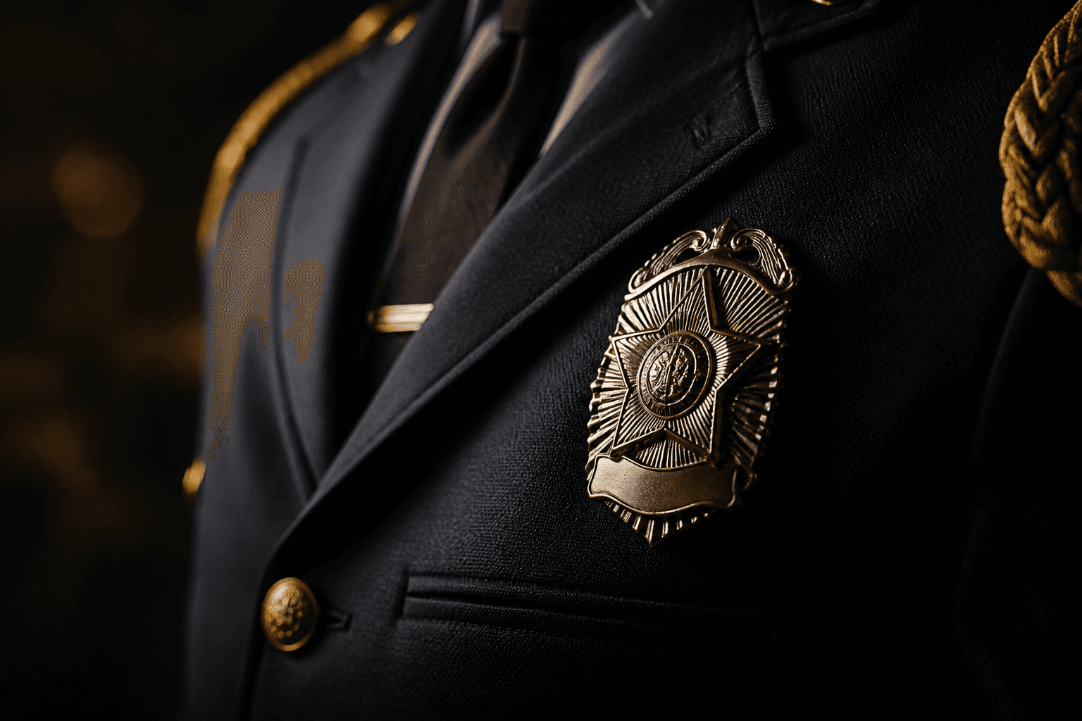 Polished service badge on a law enforcement dress uniform