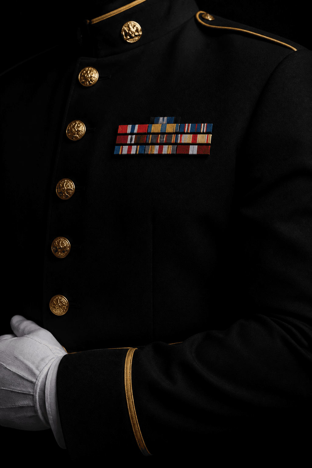Formal military dress uniform with service ribbons